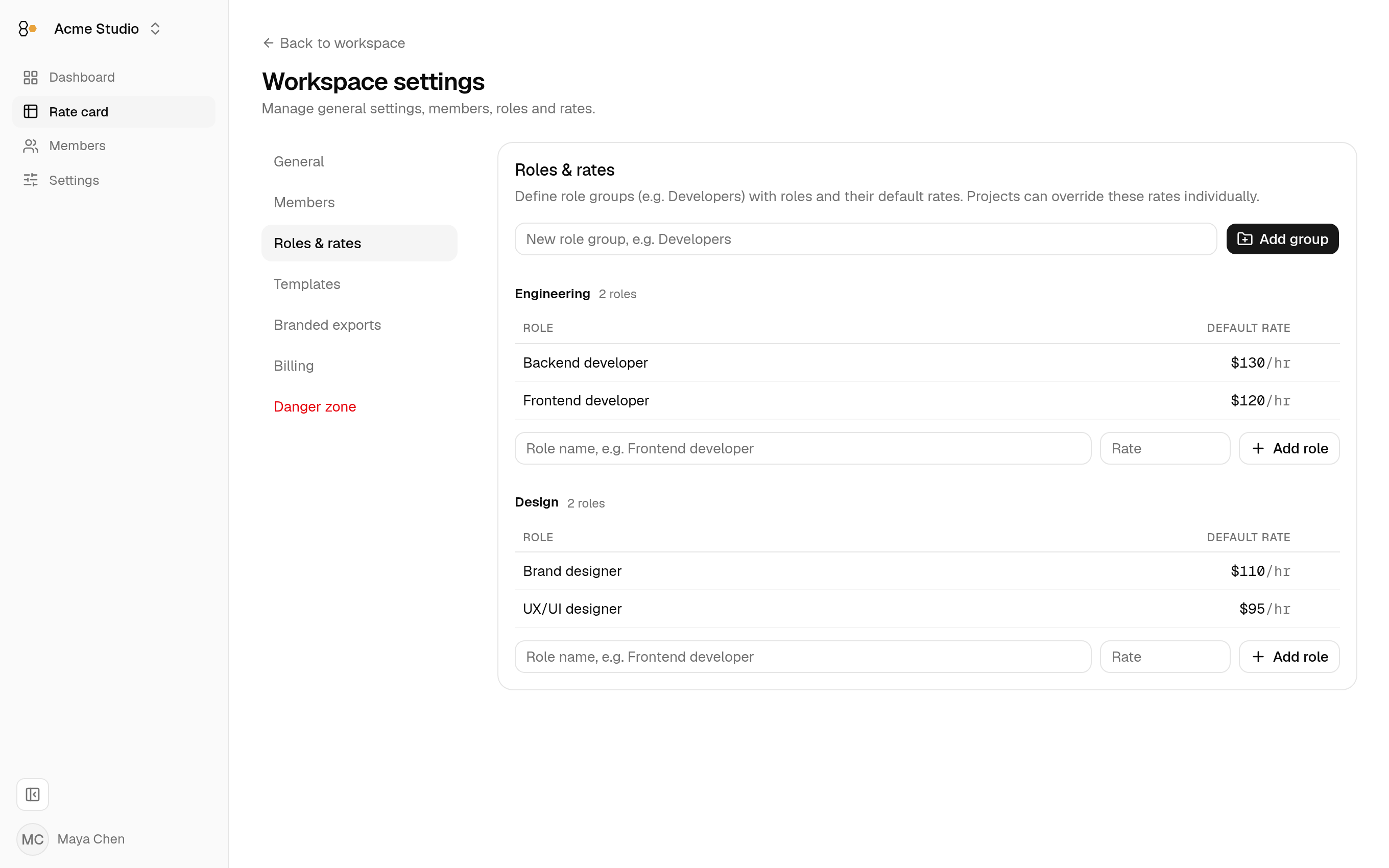 RateHive workspace settings showing the Roles & rates page with Engineering and Design role groups and their default hourly rates