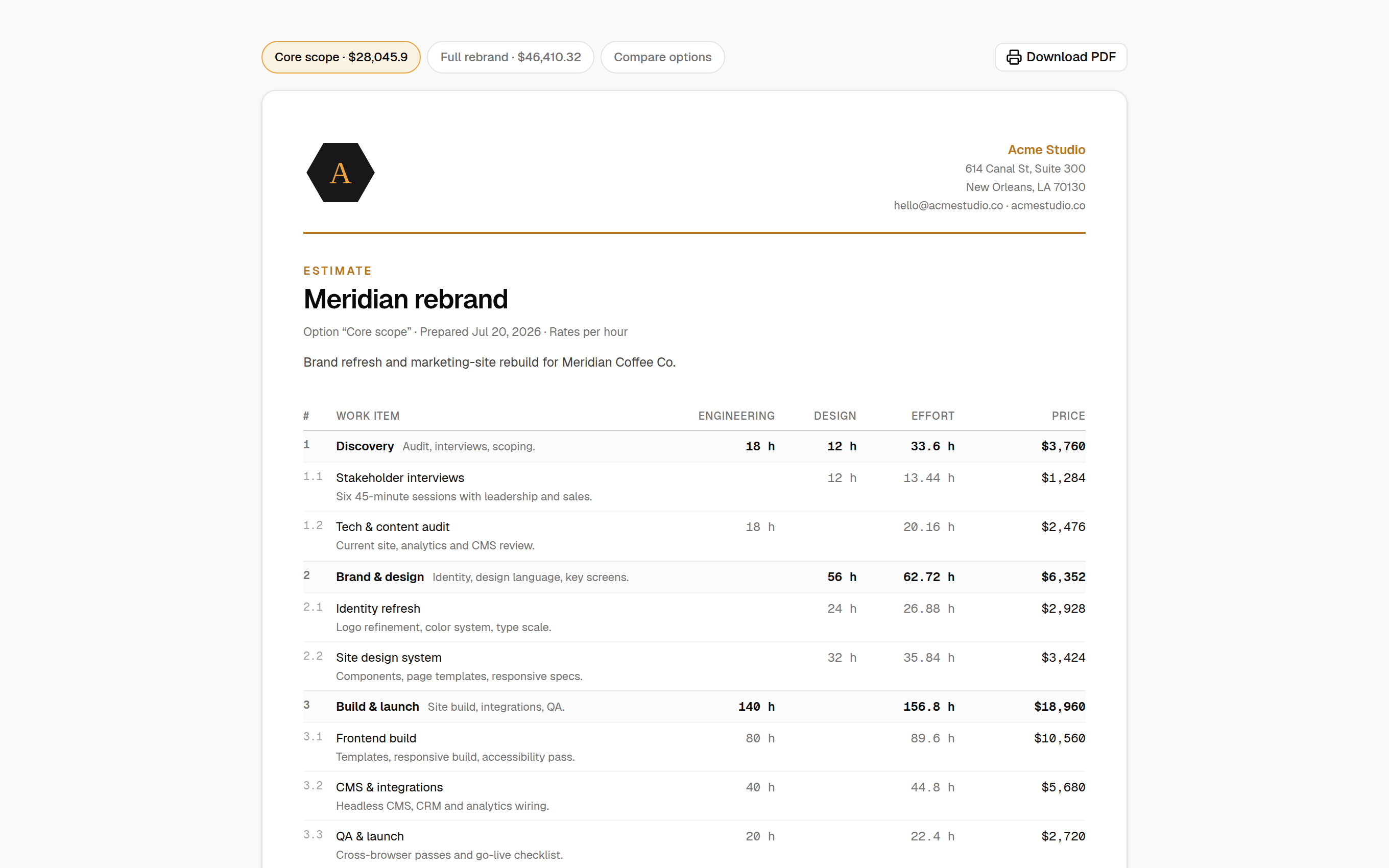 What a client sees when opening a RateHive share link: a branded, read-only estimate with offer chips, a compare option and a Download PDF button
